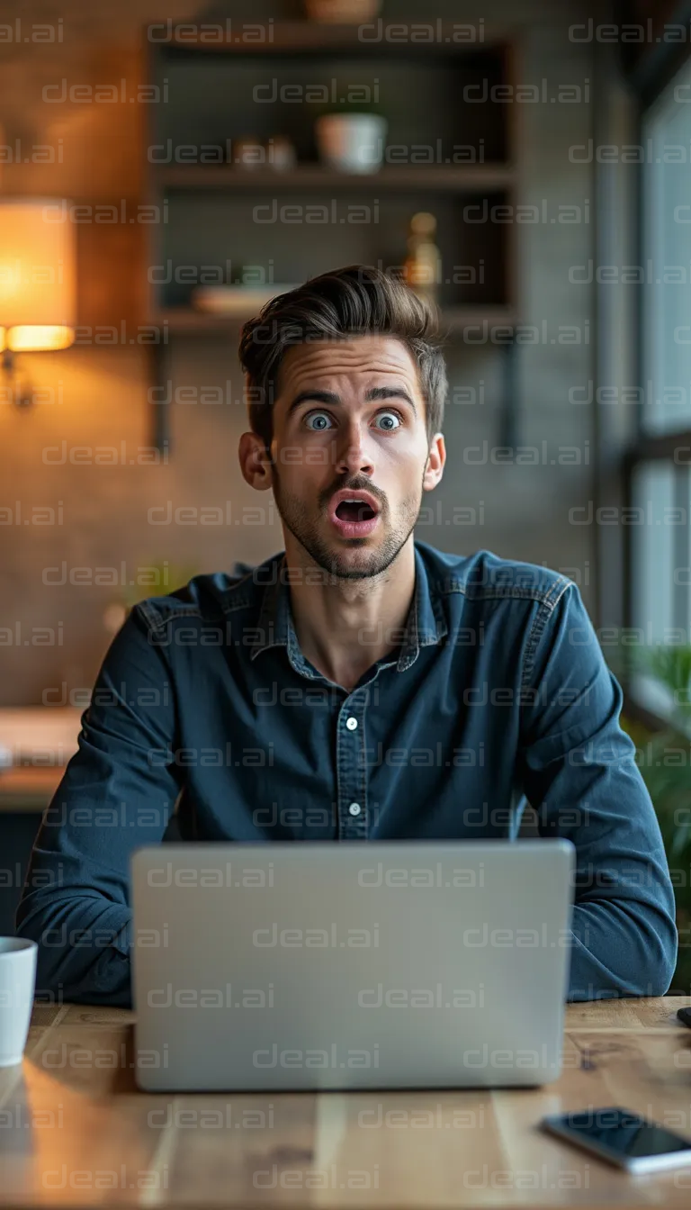 Surprised Man at Desk with Laptop