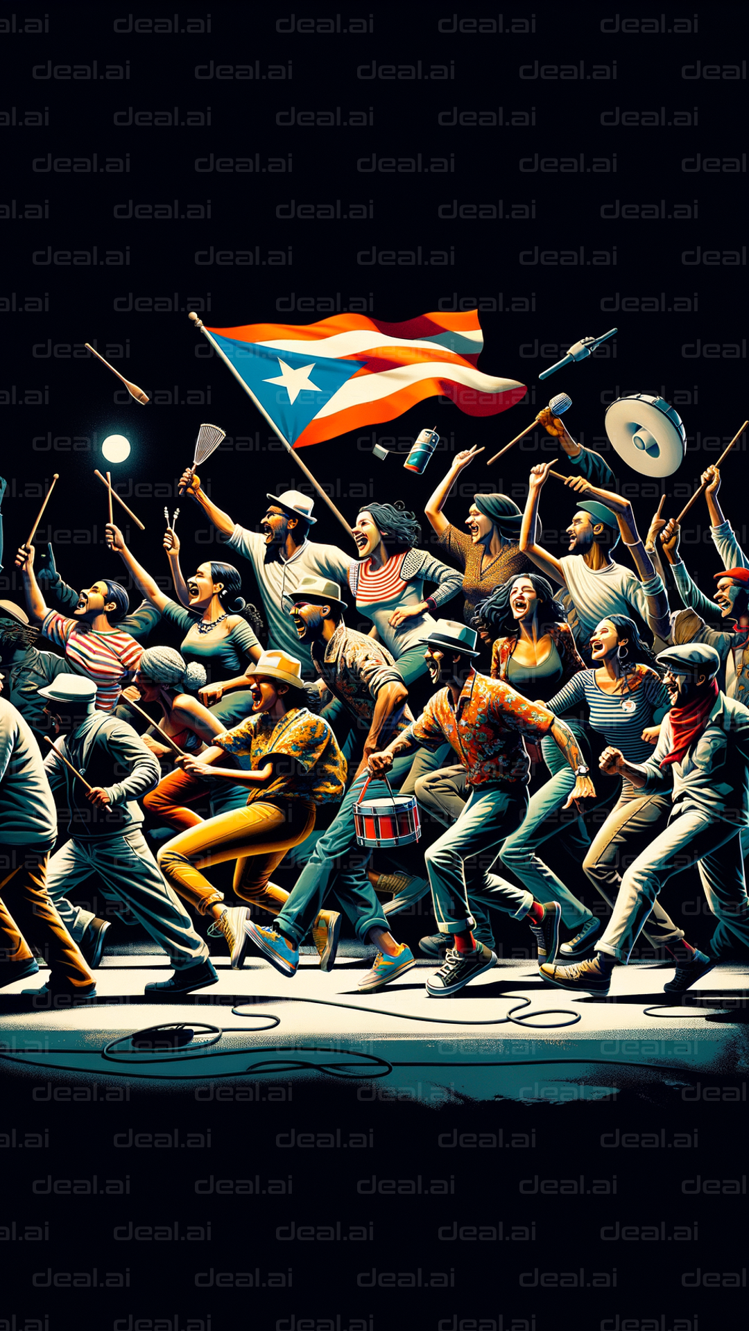 "Vibrant Parade Under Puerto Rican Flag"