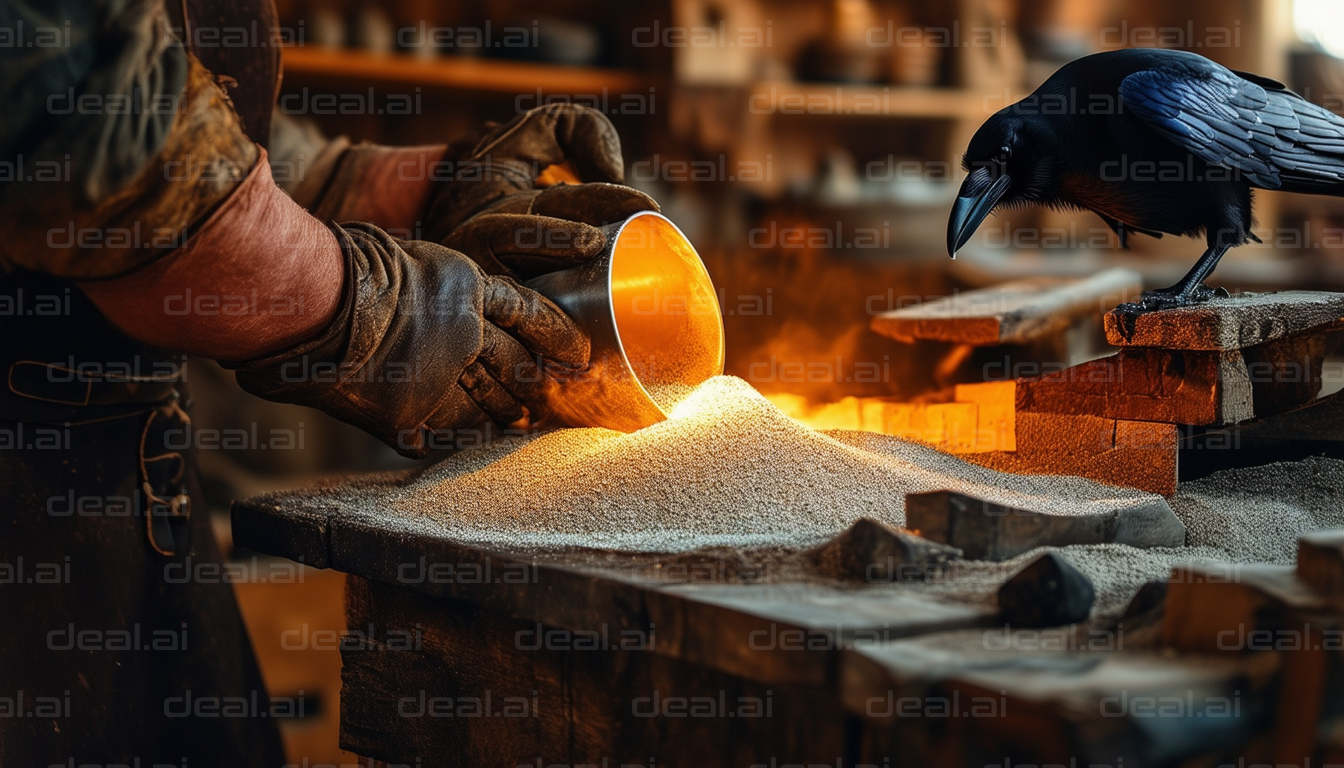 "Craftsman at Work with Curious Crow"
