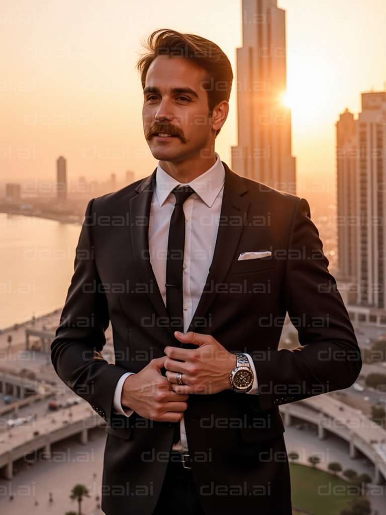 Man in Suit Overlooking Cityscape