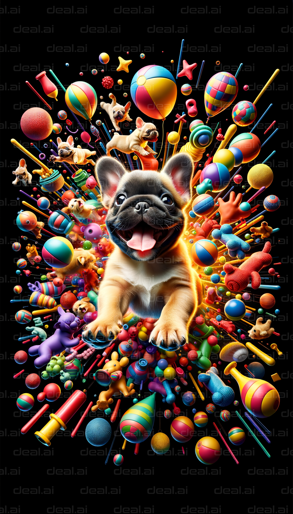 Joyful Puppy Amid Vibrant Toys Explosion