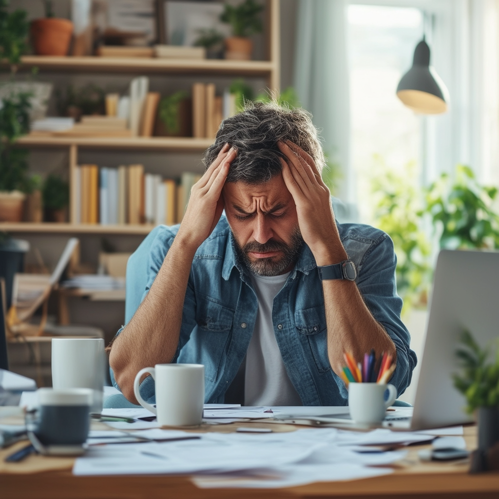 Stressed Man at Work Desk