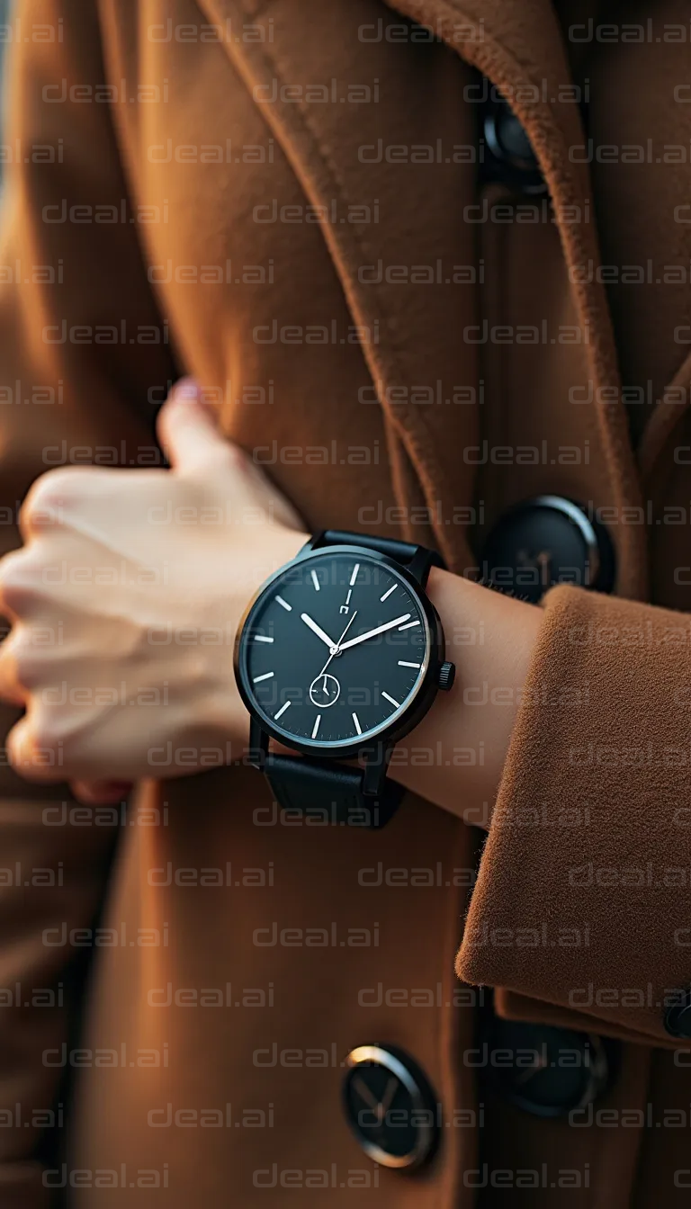 "Sleek Black Watch Against Tan Coat"