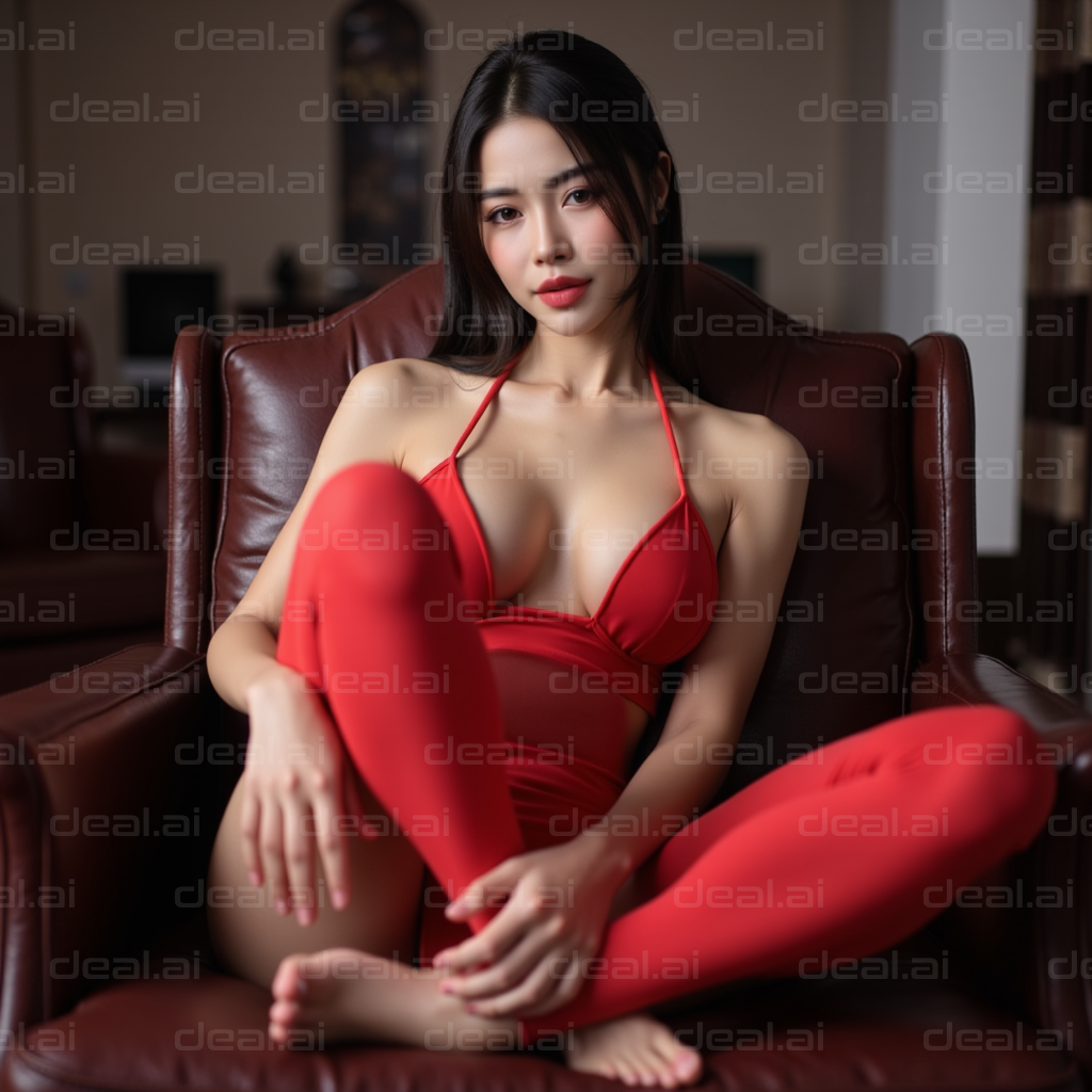Lady in Red Relaxing in Leather Chair