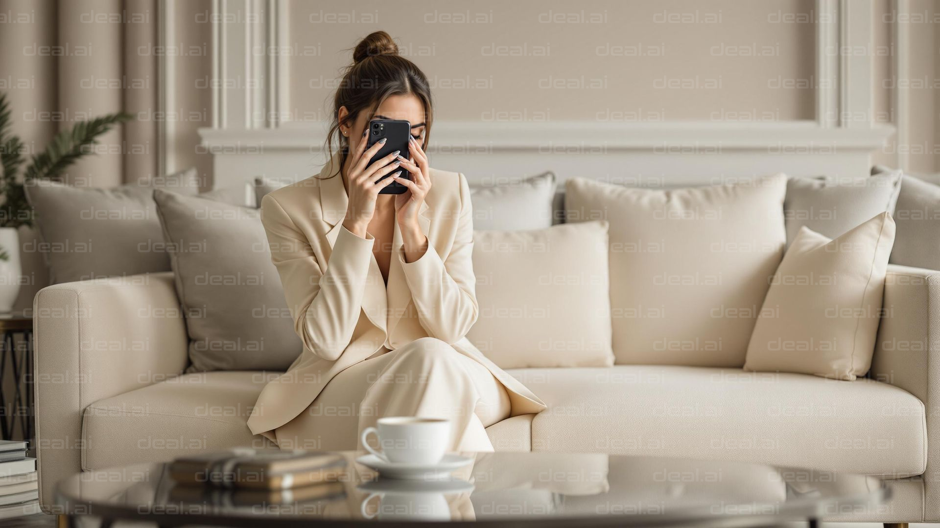 Woman Relaxing with Coffee and Phone