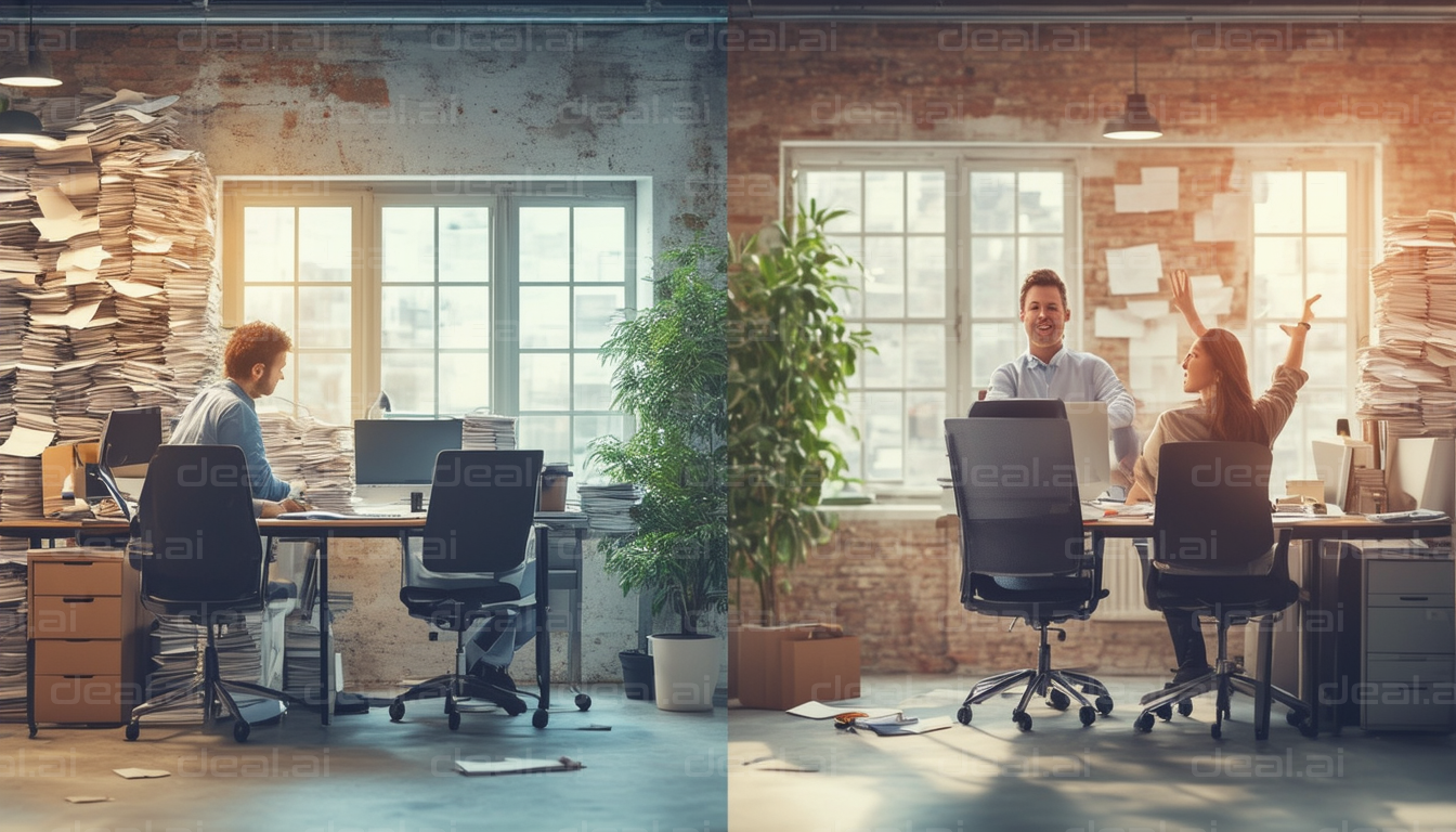 "Contrast: Overworked vs. Collaborative Office"