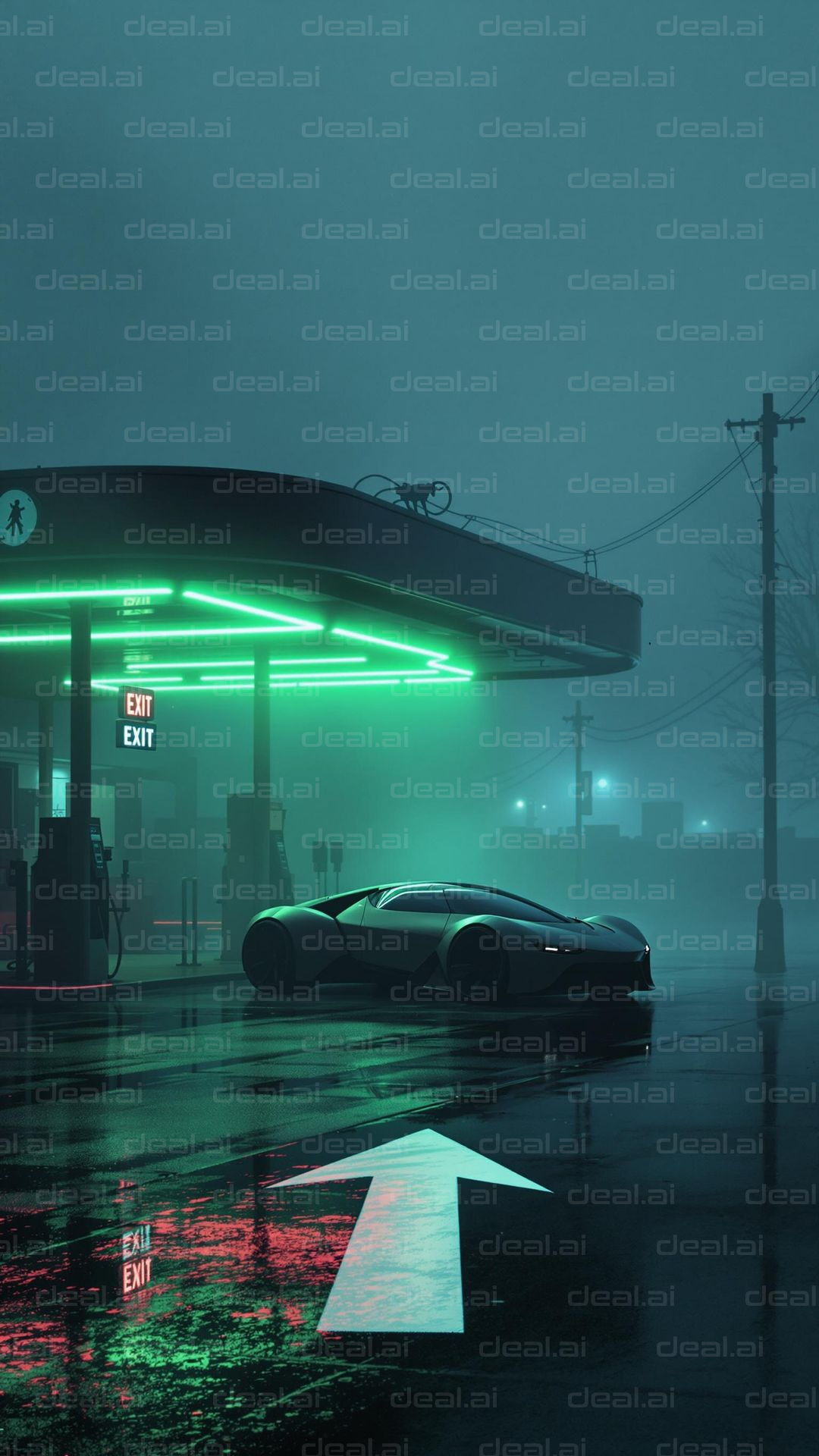 Futuristic Car at Neon Gas Station