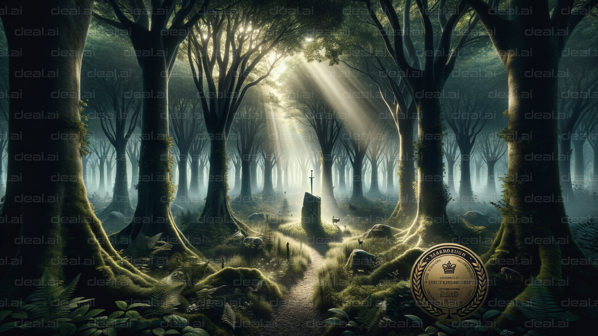 "Enchanted Forest with Sword in Stone"