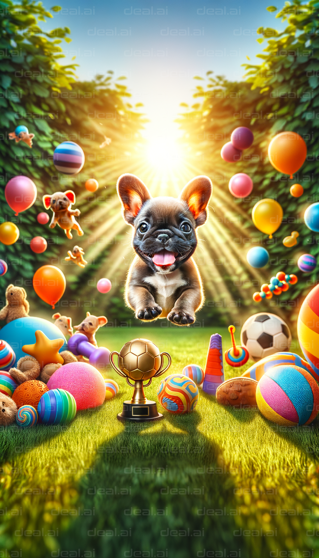 "Puppy Celebration with Toys and Trophy"