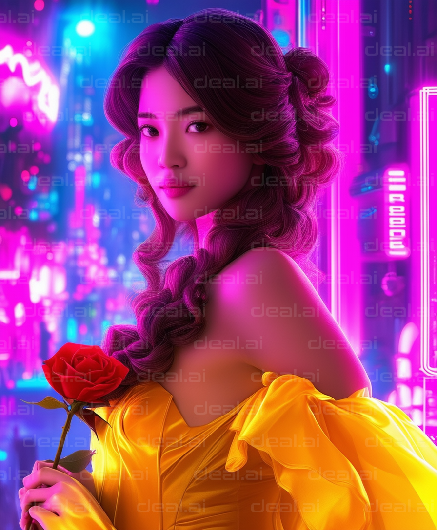 Neon Elegance: Lady with a Red Rose