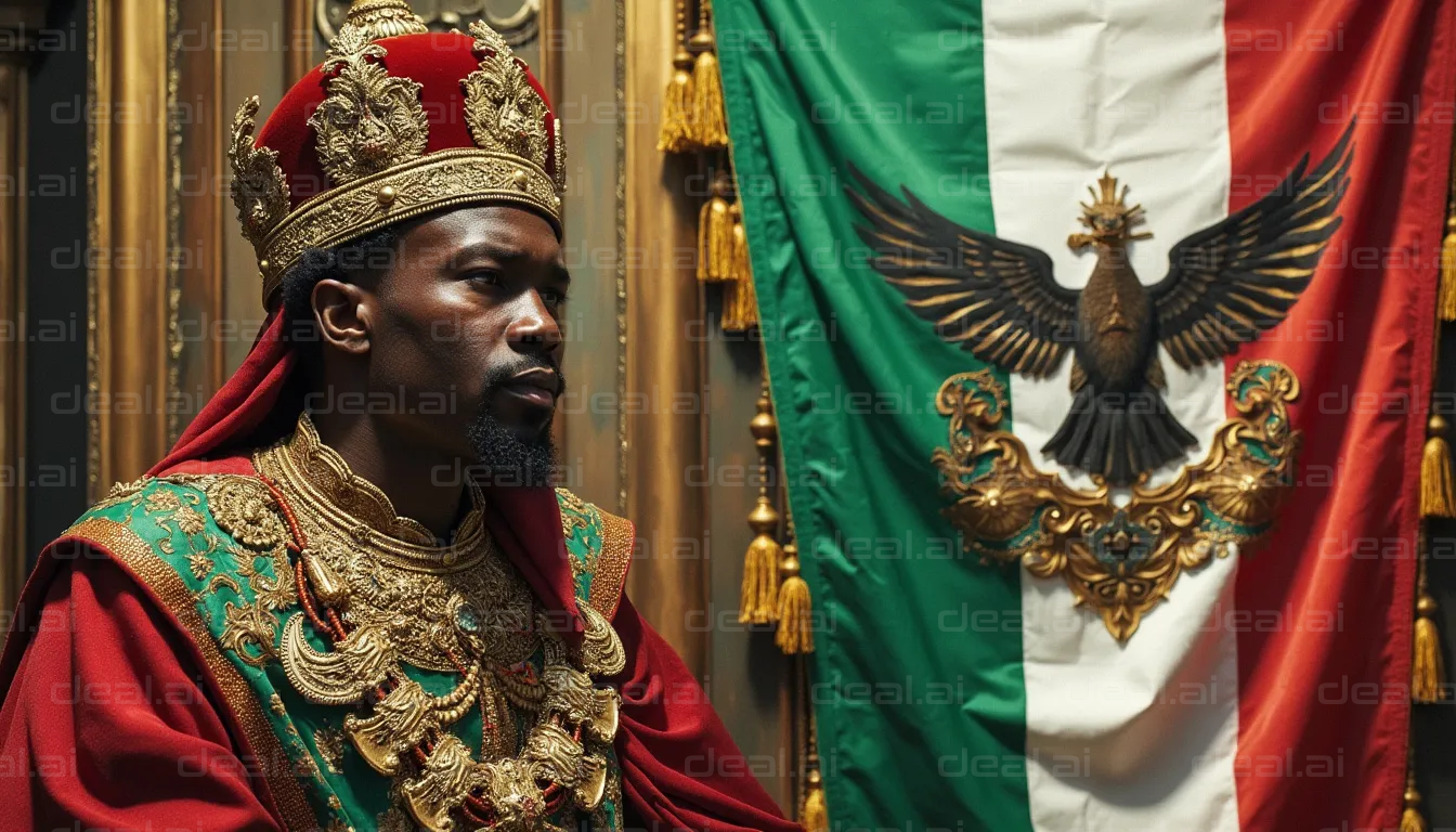 Regal Figure with Ornate Crown and Flag