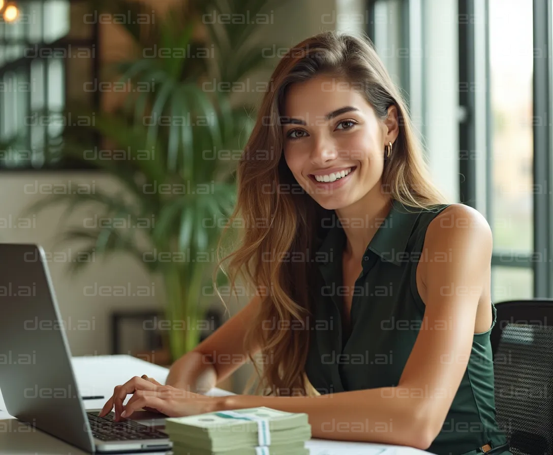 "Smiling Woman Working at Laptop"