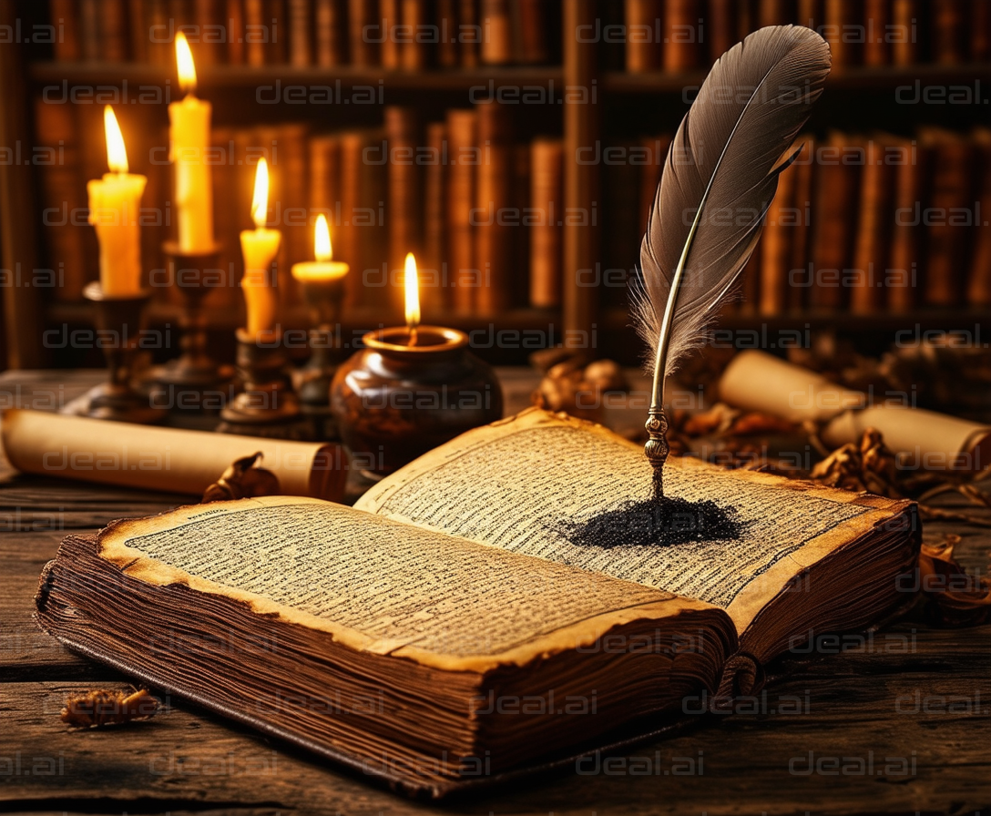 "Antique Writing Setup with Quill & Candles"