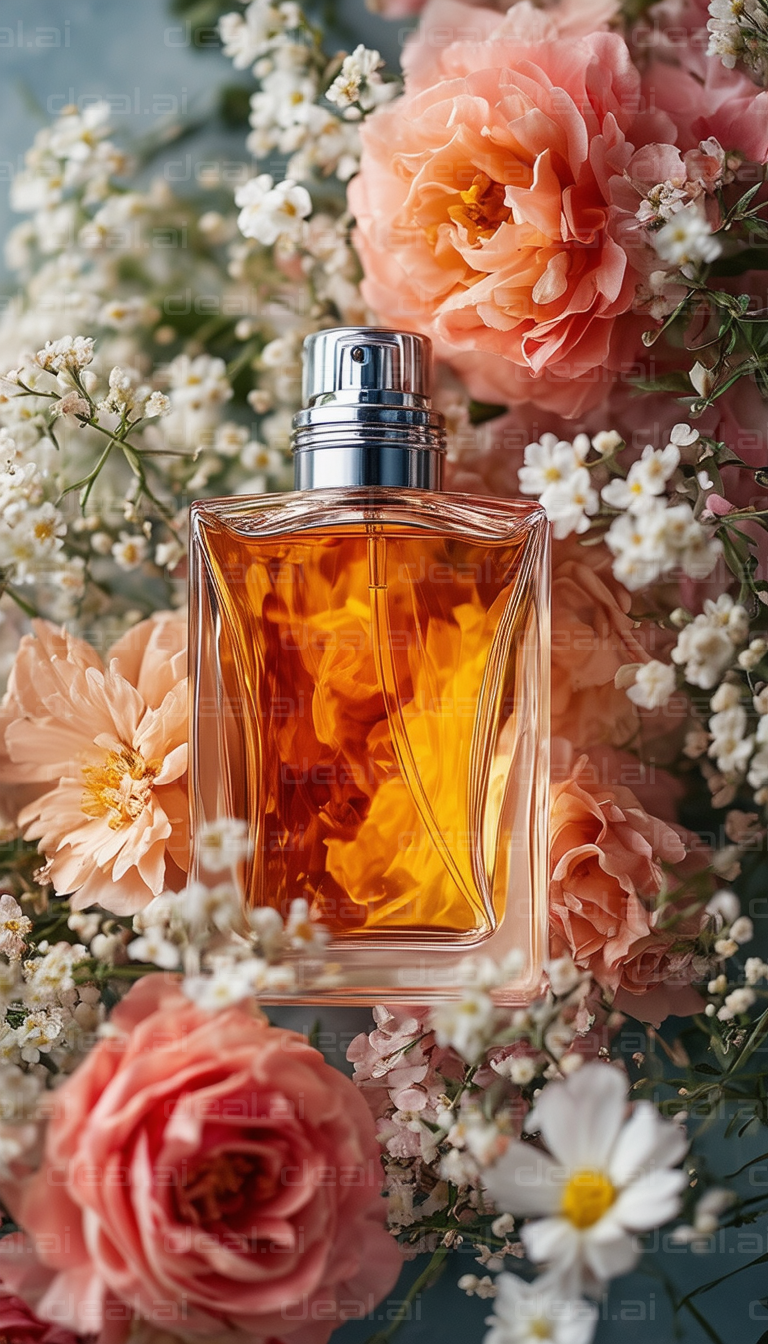 "Perfume Bottle Amid Blossoming Flowers"