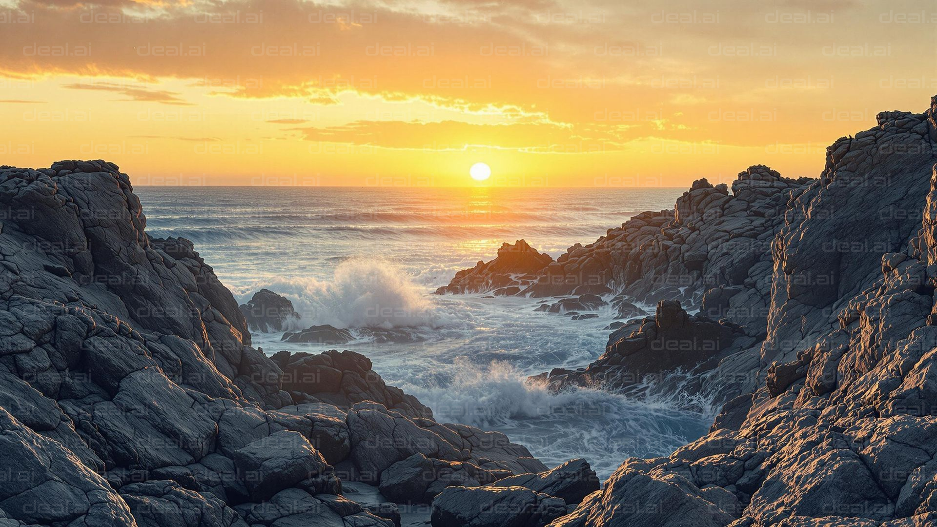 Sunset Waves Crashing on Rocks