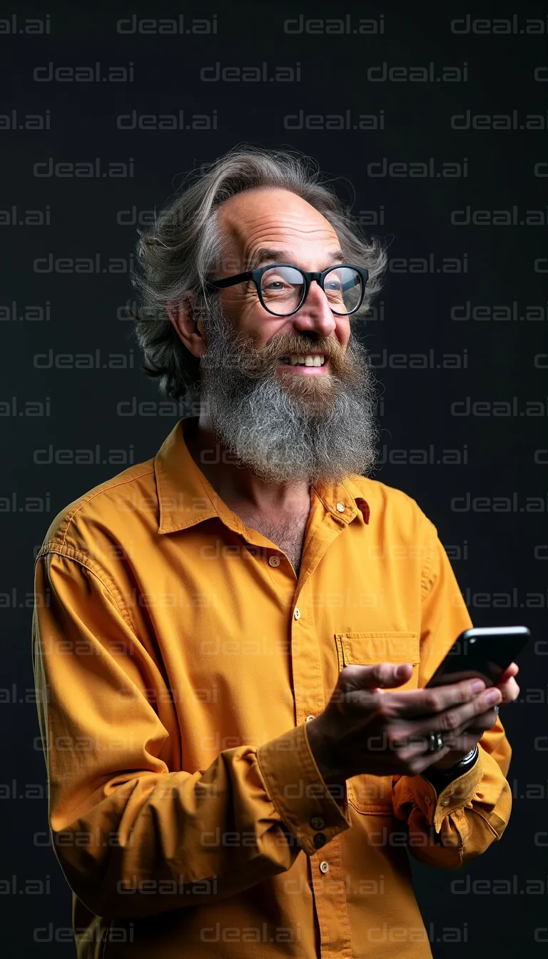 "Happy Man with Glasses Using Smartphone"