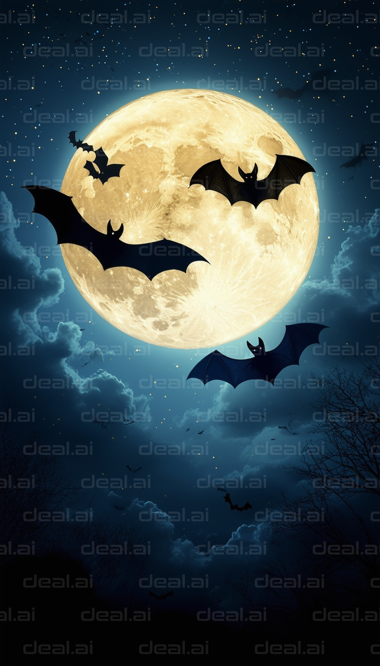 Bats Flying in Front of a Full Moon