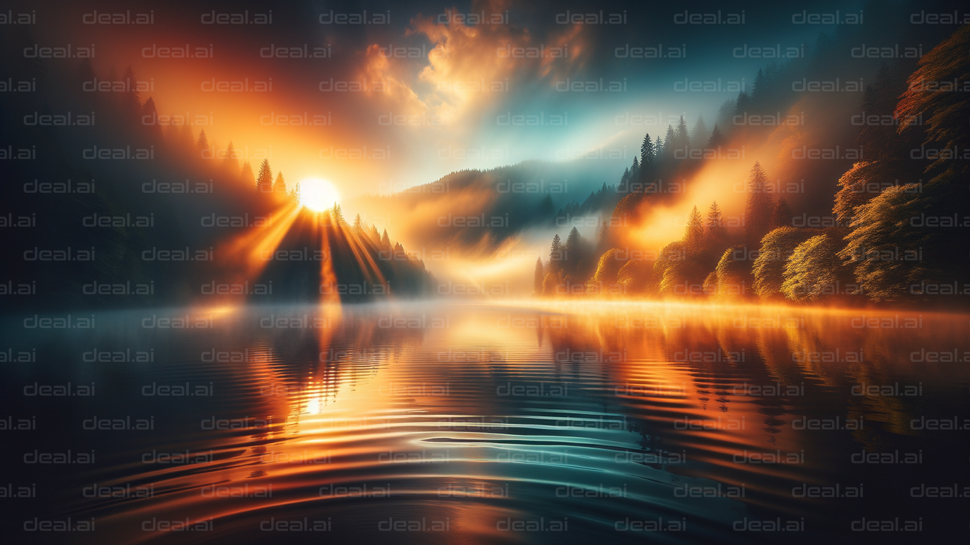 Sunrise Over Misty Lake