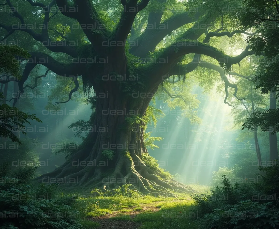 "Majestic Tree in Sunlit Forest"