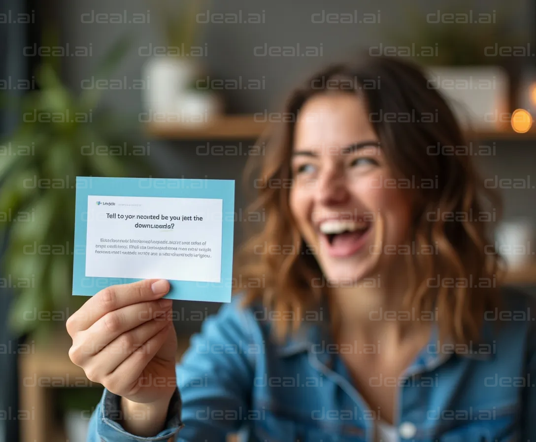 Smiling Woman Holding a Blue Card