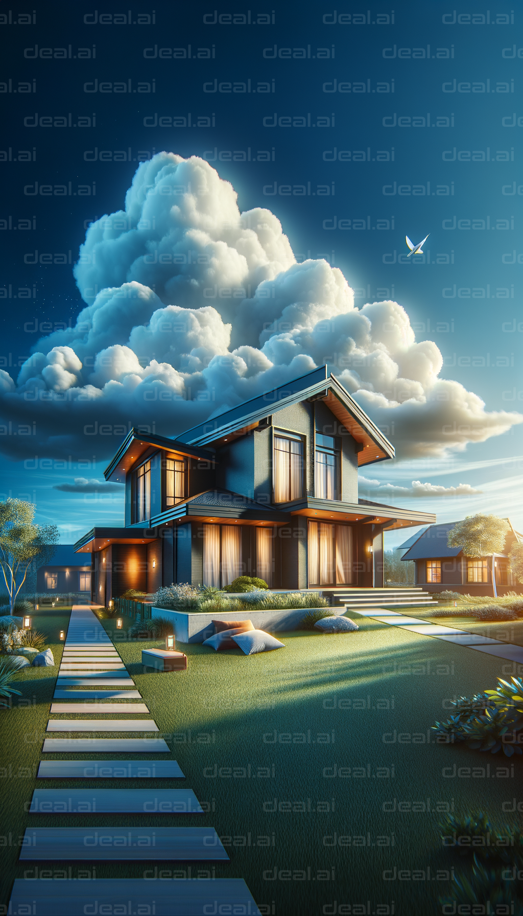 "Modern Home Under Majestic Clouds"