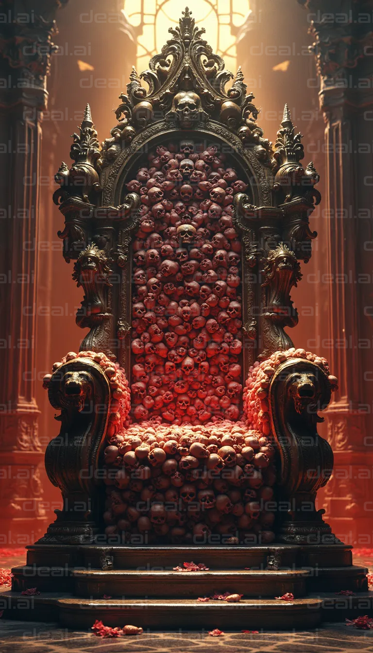 "Throne of Skulls in Dim Lit Hall"