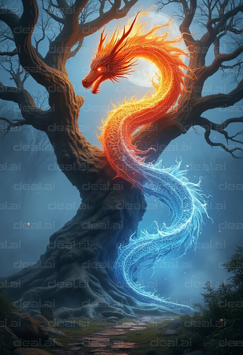"Fiery and Icy Dragon Encircles Tree"