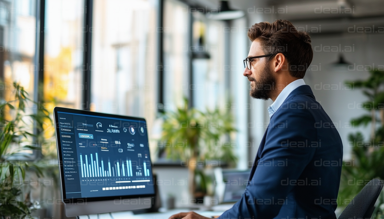 "Man Analyzing Data on Computer Screen"