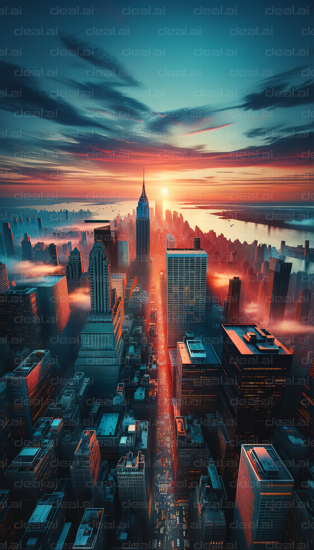 "Sunset Over Skyscraper Cityscape"