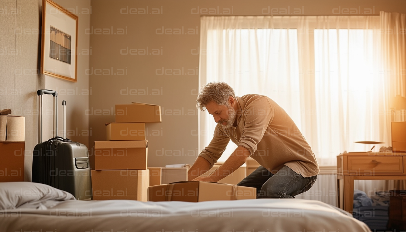 "Man Packing Boxes in Sunlit Room"