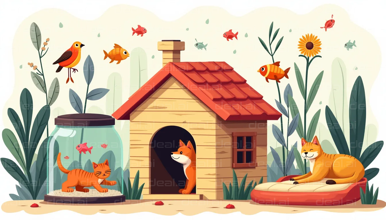 "Animals in a Cozy Garden Scene"