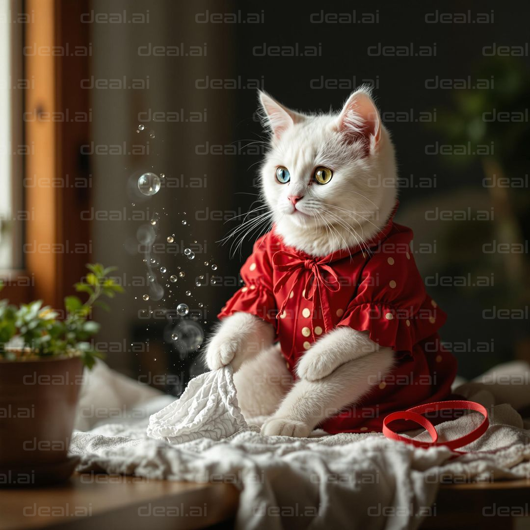 Cat in Red Dress with Bubbles