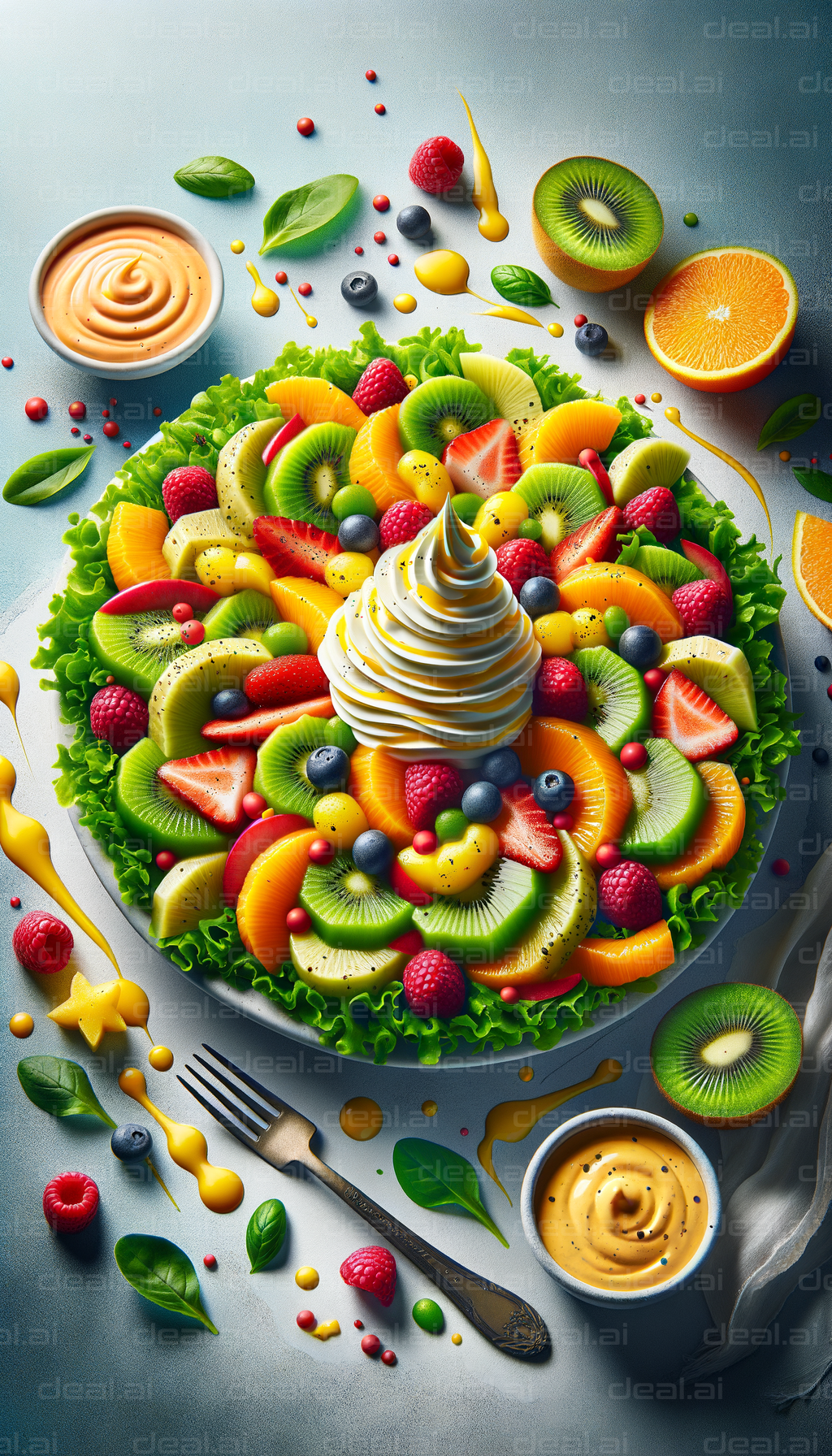 "Vibrant Fruit Salad with Cream Swirl"