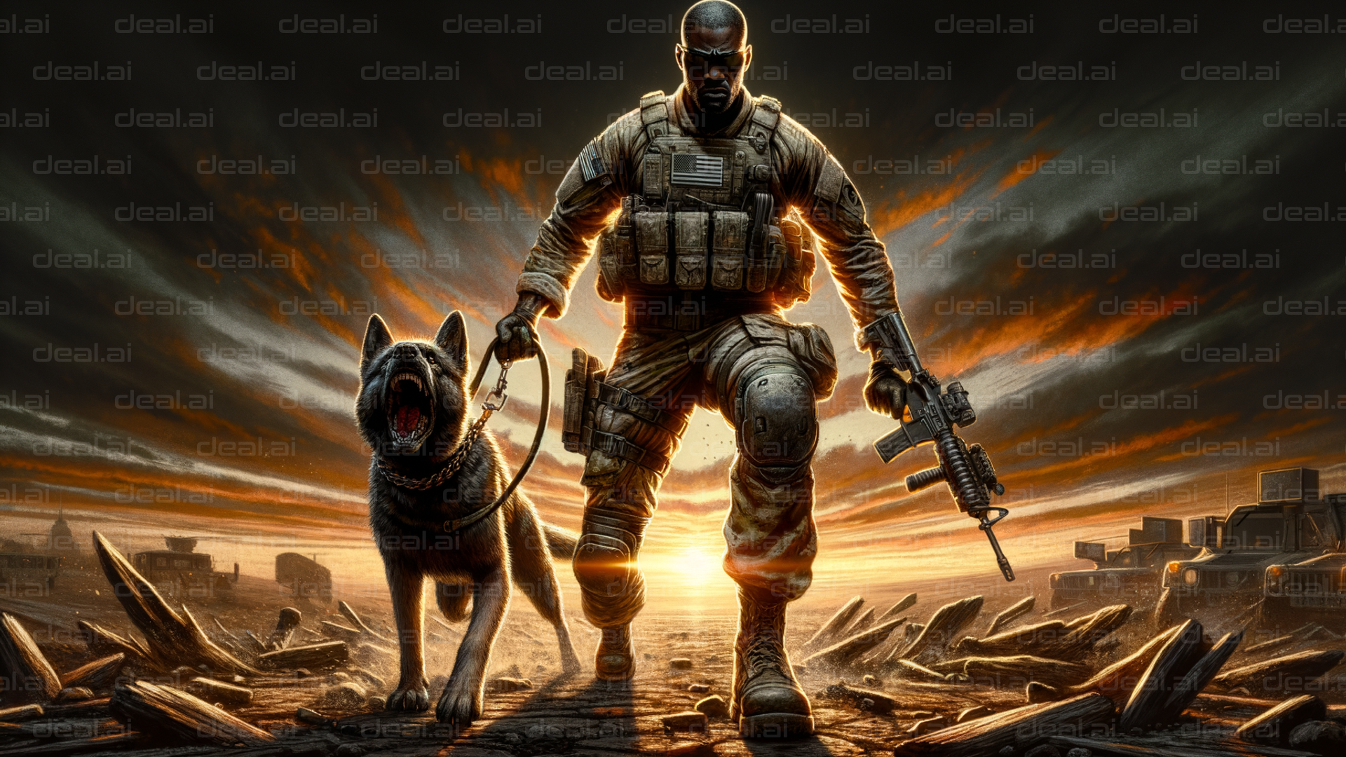 Soldier and Dog in Battlefield Sunset