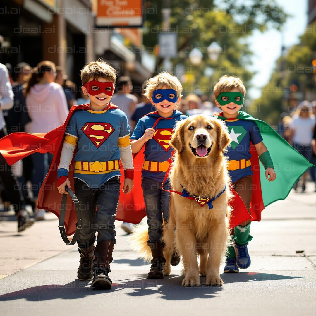 Superheroes on a Walk with Dog