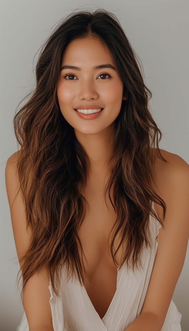 Smiling Woman with Long Wavy Hair