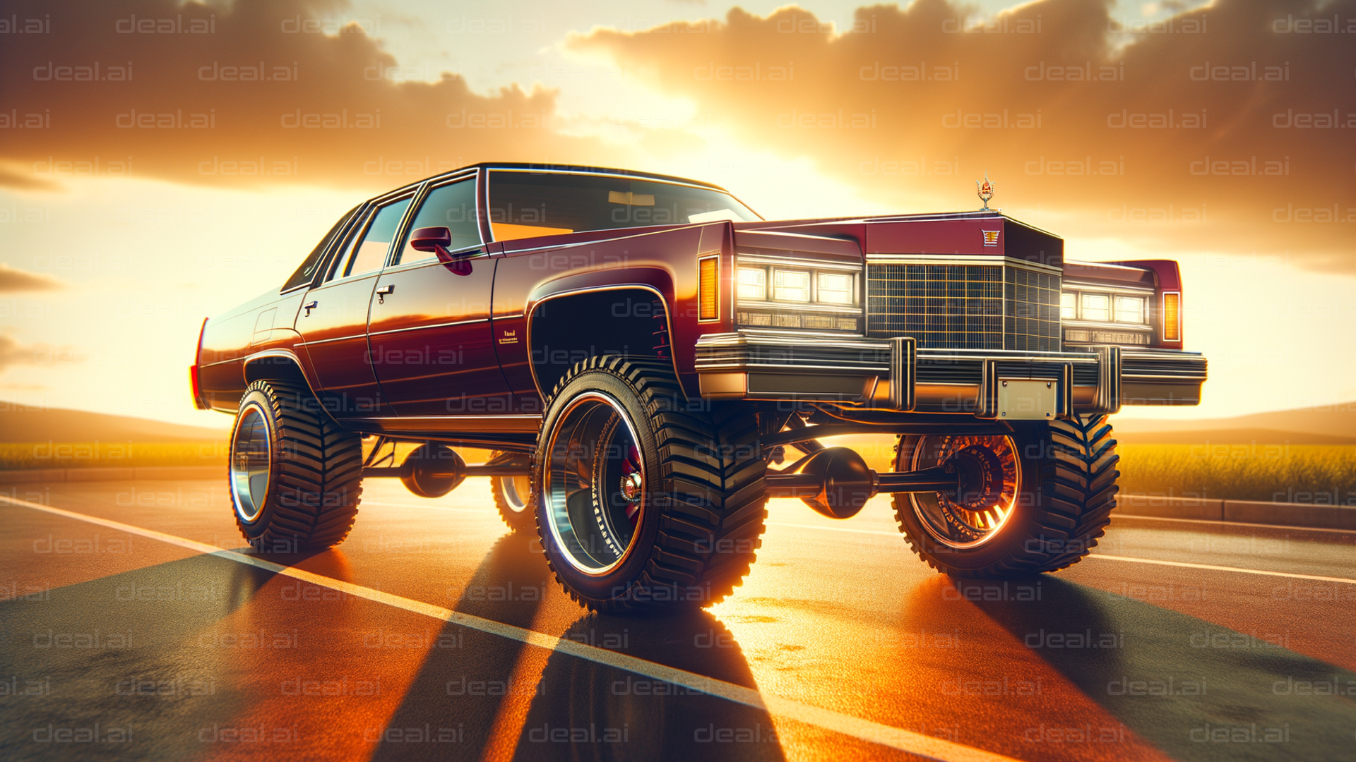 Classic Car Lifted at Sunset
