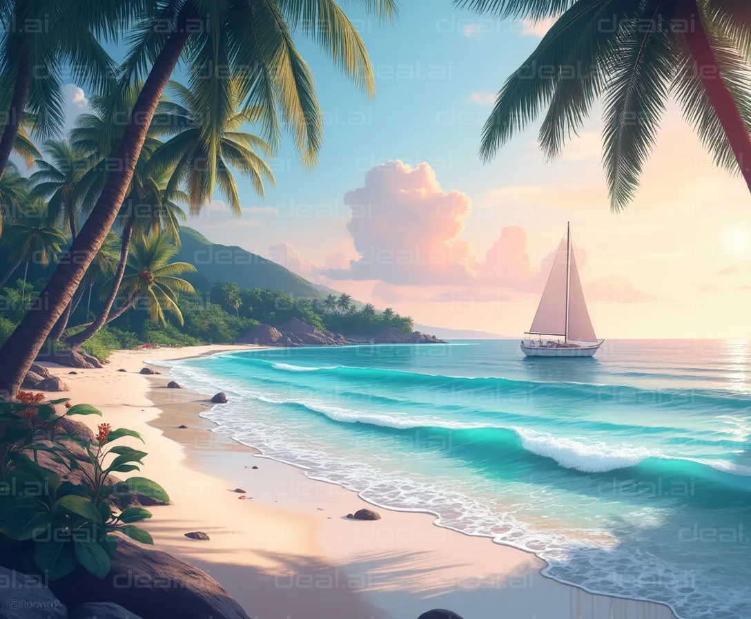 "Serene Tropical Beach with Sailboat"