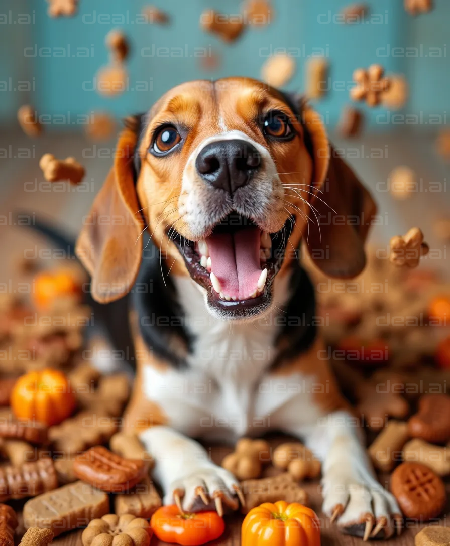 "Happy Dog Surrounded by Treats"