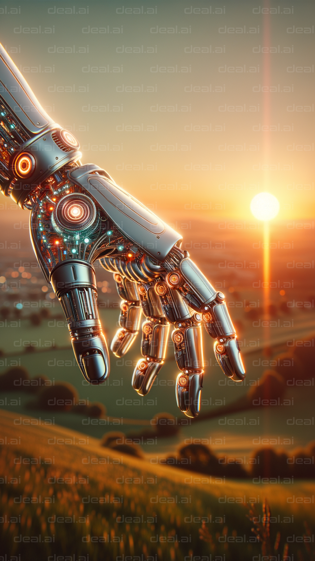 "Robotic Hand in Sunset Glow"