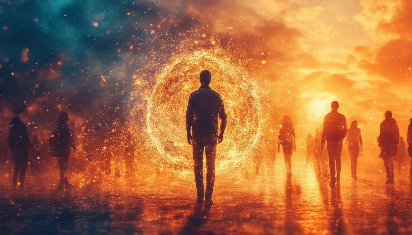 "Man Facing Fiery Portal in Surreal World"