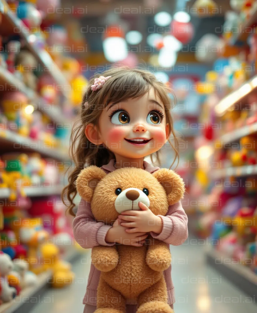 Joyful Child with Teddy Bear in Store