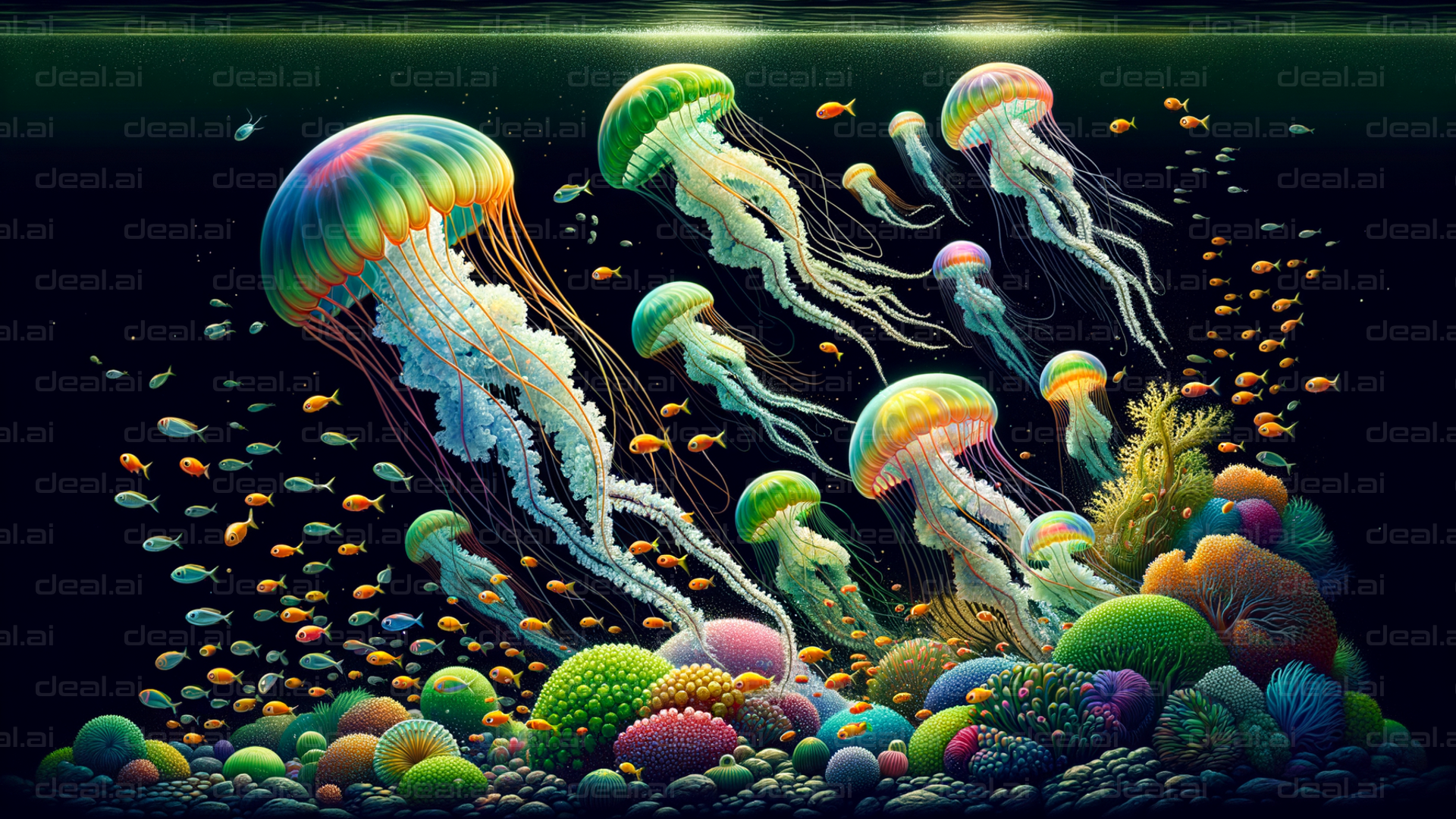 "Colorful Jellyfish in Vibrant Coral Reef"