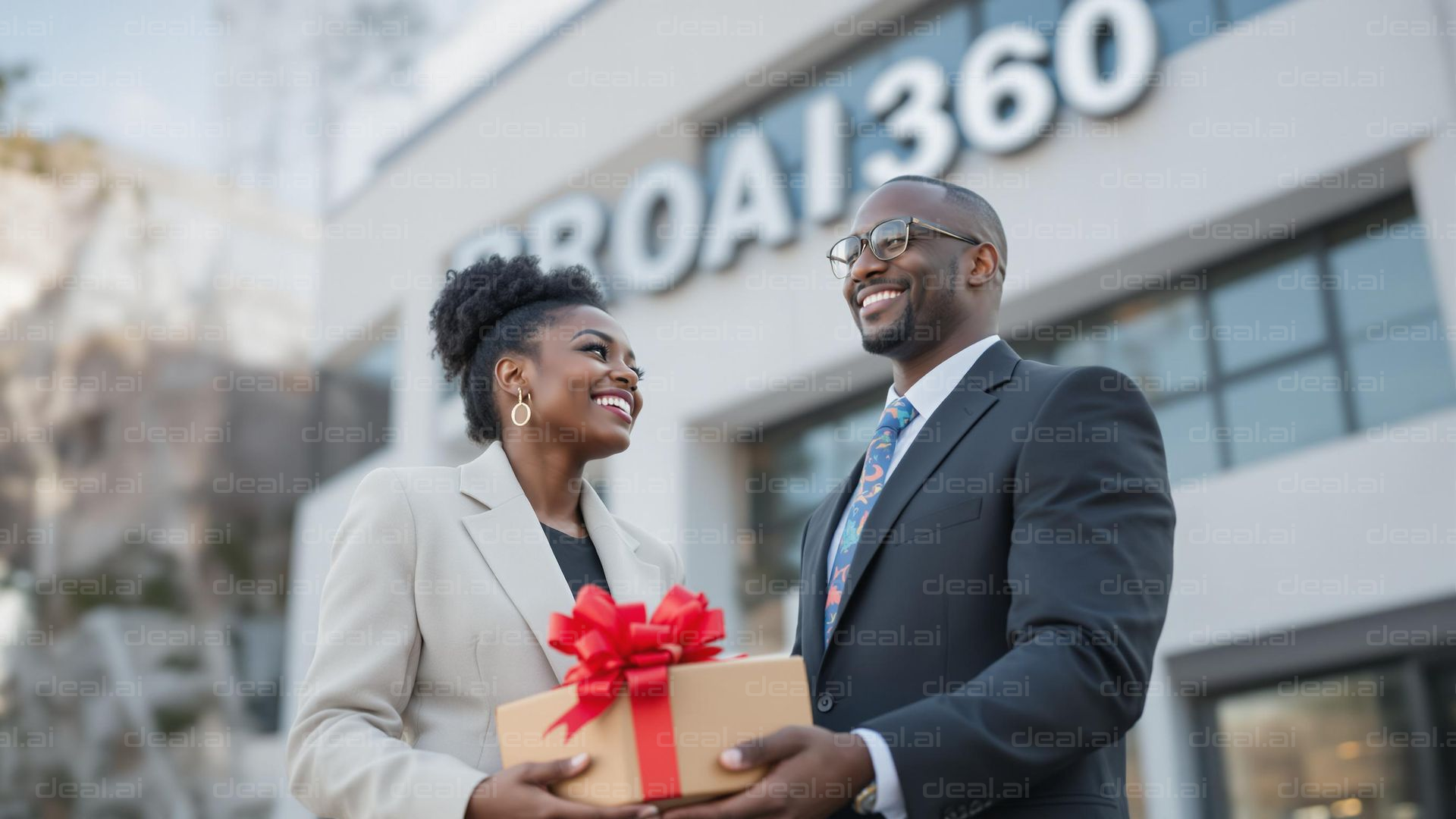 "Gift Exchange Outside Office Building"