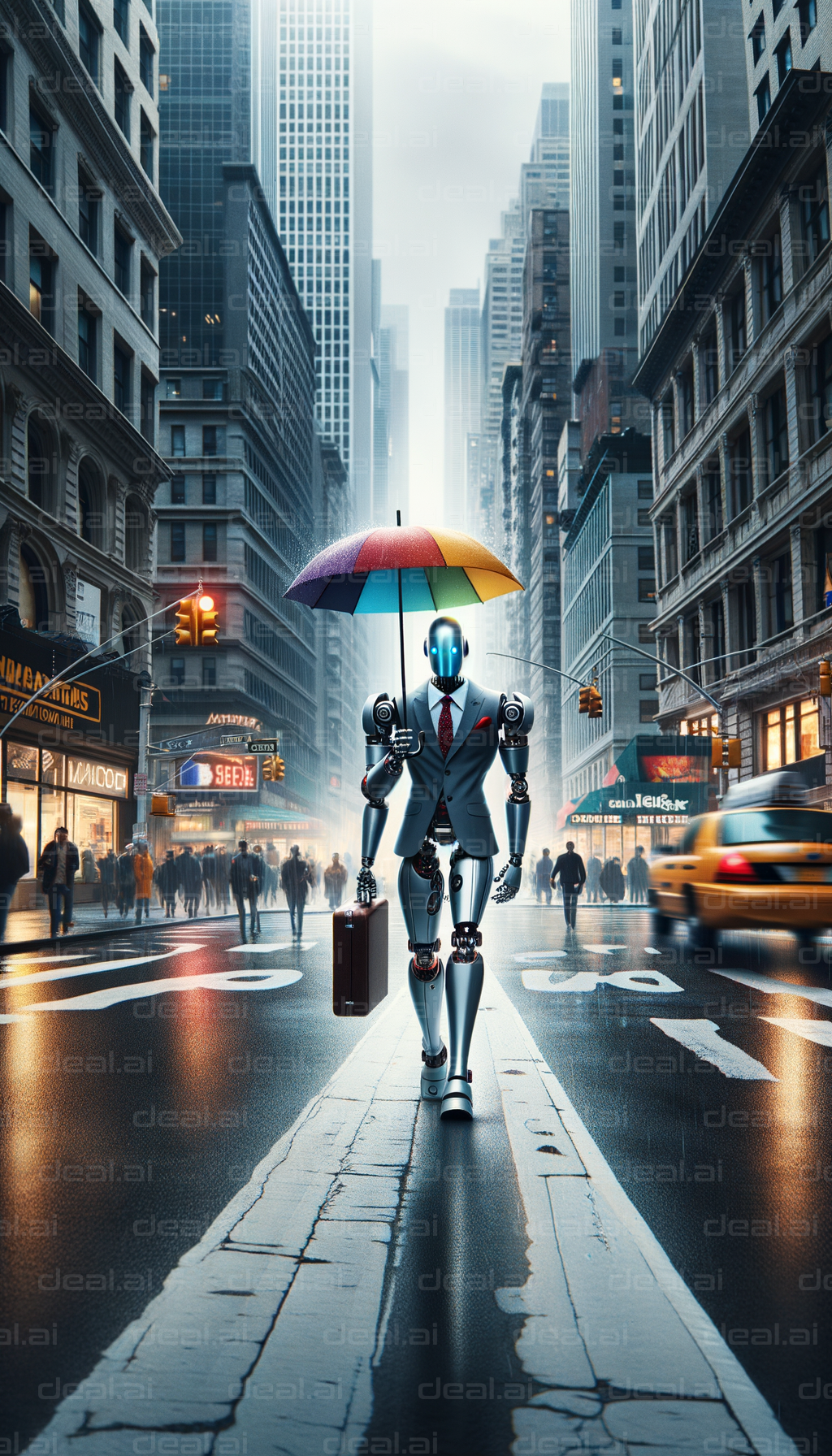 "Robot in Suit with Umbrella in Cityscape"