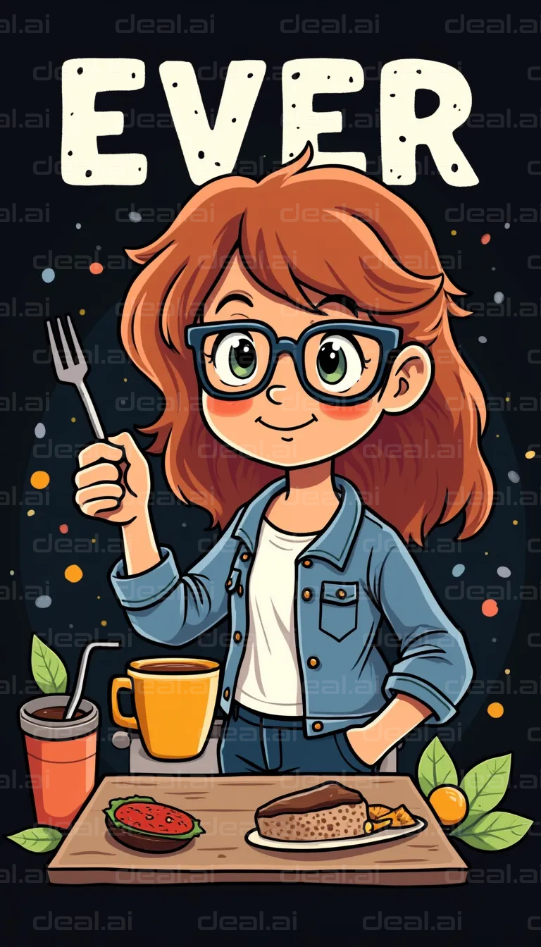 "Cartoon Chef with Fork and Feast"