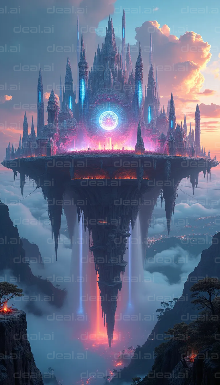 "Floating Futuristic Castle at Twilight"