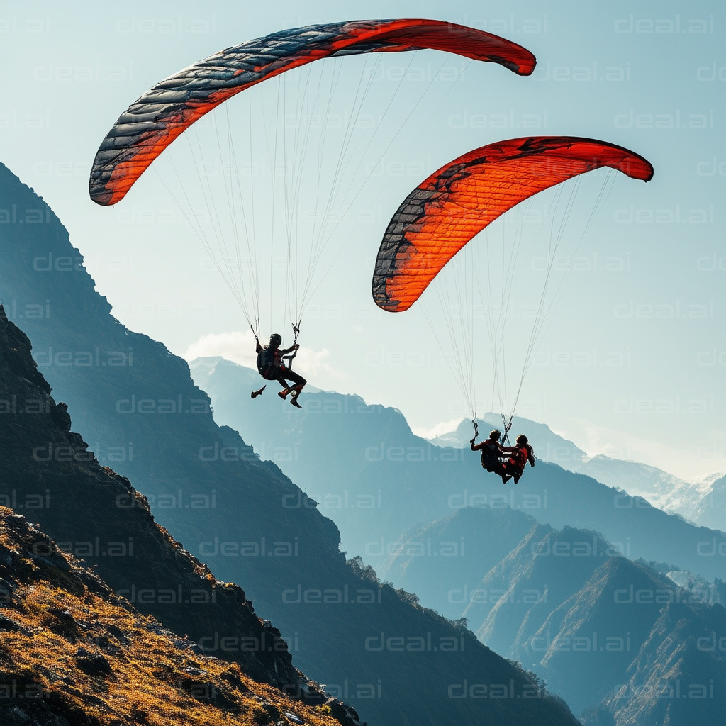 Paragliders Soaring Over Mountains