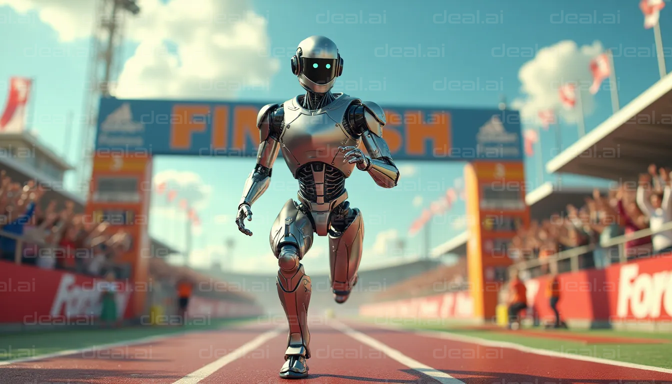 "Robot Racer Crosses Finish Line"