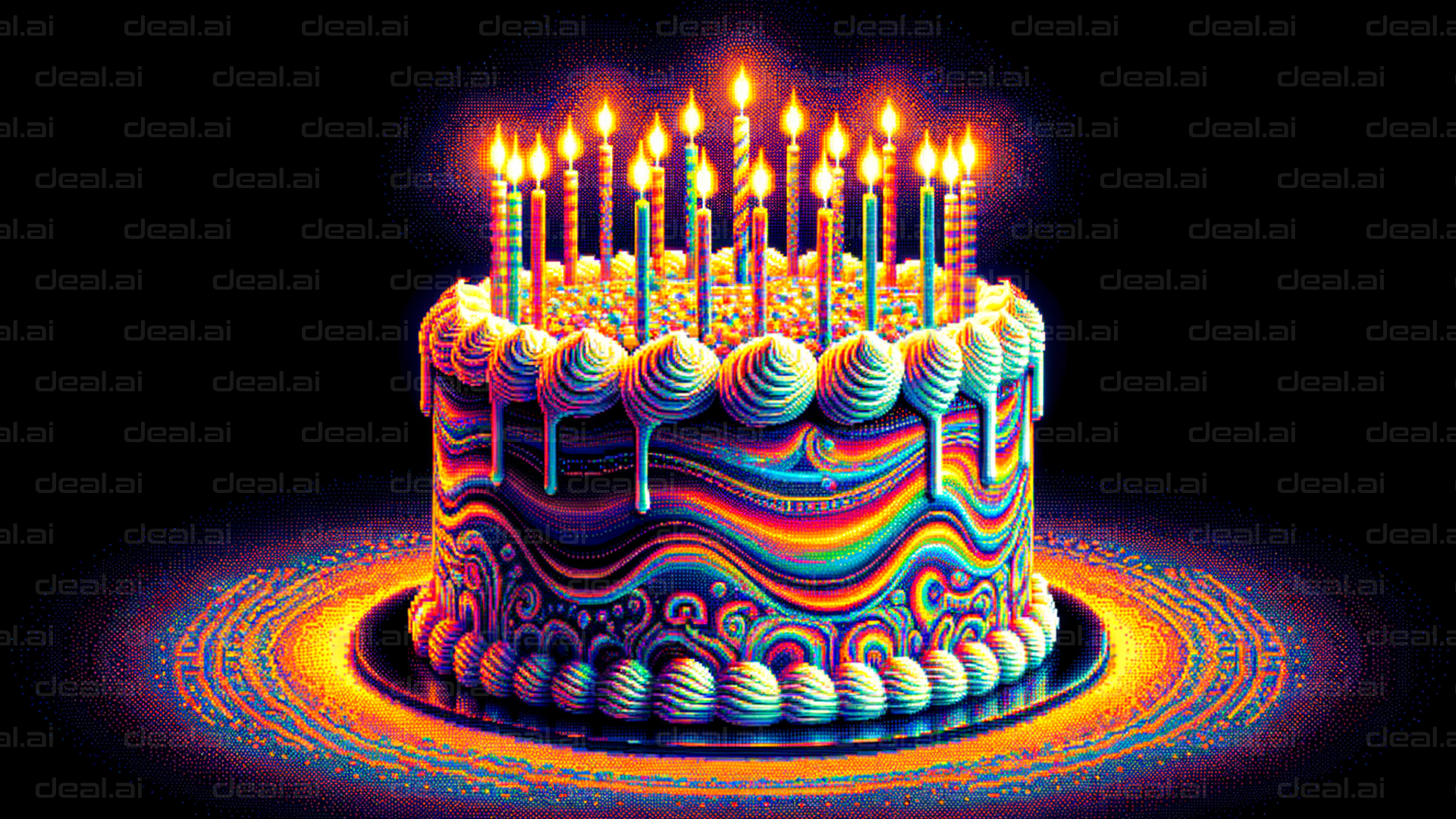 "Psychedelic Birthday Cake in Candlelight"